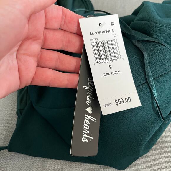 Sequin Hearts Green Scuba Strappy Asymmetric Mini Sheath Dress Junior 9 NWT - Picture 10 of 15